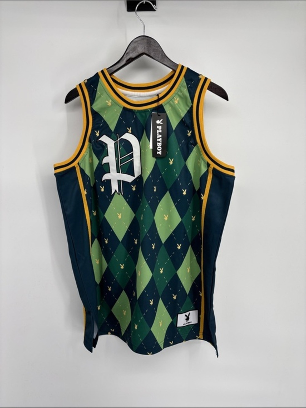 PLAYBOY Green and Navy Argyle Basketball Jersey with Gold Accents
NWT SIZE XL